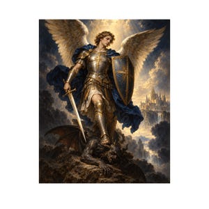 Peut inclure: Une figure ailée vêtue d'une armure en argent ornée et d'une cape bleue flottante se tient debout sur une créature sombre à cornes. Elle tient une épée métallique et un bouclier bleu avec une croix dorée, devant un ciel nuageux et un château.