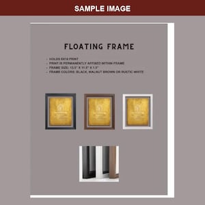 May include: A floating frame product display featuring text: FLOATING FRAME, HOLDS 8X10 PRINT, PRINT IS PERMANENTLY AFFIXED WITHIN FRAME, FRAME SIZE: 13.5 X 11.5 X 1.5, FRAME COLORS: BLACK, WALNUT BROWN OR RUSTIC WHITE. Includes three framed gold prints.