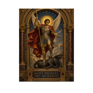 May include: A decorative wall art print featuring Saint Michael the Archangel in ornate armour with large wings, holding a long spear and scales, standing over a dark dragon. The text SAINT MICHAEL THE ARCHANGEL is printed at the bottom.