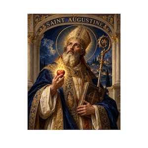 May include: A portrait of Saint Augustine wearing a gold mitre and blue and gold vestments. He holds a flaming heart in one hand and a large, ornate book in the other, with a golden crosier staff nearby. The background features an archway.
