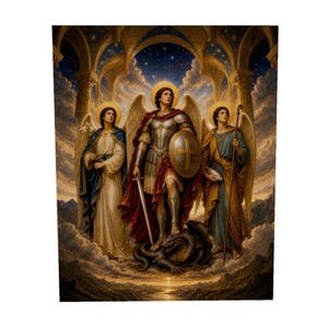 May include: A religious artwork depicting three winged figures with halos. The central figure wears silver armor, a red cape, and holds a sword and shield while standing over a dark dragon. Flanking figures wear robes and hold a lily and a staff.
