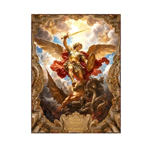 May include: A detailed print of Saint Michael the Archangel in golden armour with large wings, wielding a glowing sword and shield against a dark dragon. The scene is framed by ornate gold architectural borders with the text Saint Michael the Archangel.