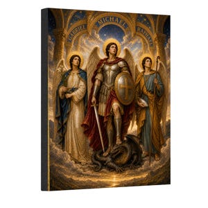 May include: A rectangular canvas print depicting three winged figures labeled Gabriel, Michael, and Raphael. The central figure wears armor, holds a sword and shield, and stands over a dragon. The figures are set against a golden, celestial background.