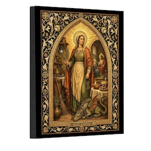 May include: A rectangular wall art print featuring Saint Martha in a kitchen setting with a dragon at her feet. She holds a ladle and keys, wearing a green dress and red cloak. The scene is framed by an ornate gold border with black accents.