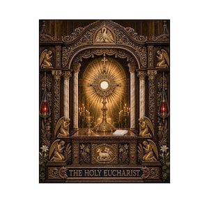 May include: A detailed religious artwork depicting a golden monstrance on an altar, surrounded by ornate carvings of angels, a lamb, and floral motifs. The central monstrance radiates light, and the text THE HOLY EUCHARIST is inscribed at the base.