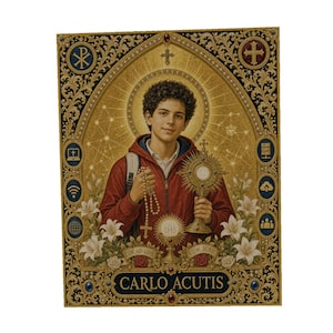 May include: A rectangular wall hanging featuring a portrait of Carlo Acutis in a red hooded jacket, holding a rosary and a monstrance. The background is gold with white lilies, digital icons, and the text COR AD COR CUM JESU and CARLO ACUTIS.