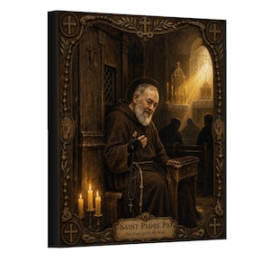May include: A rectangular wall art piece featuring a portrait of Saint Padre Pio in a brown habit, seated in a church with lit candles. The frame is decorated with carved crosses and rosary beads, with the text SAINT PADRE PIO Pray, Hope, and Do Not Worry.