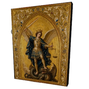 May include: A rectangular wall art piece featuring a golden-toned illustration of an archangel wearing a crown and armour, holding a flaming sword and a set of scales while standing atop a dragon, framed by an ornate, gilded gothic arch border.