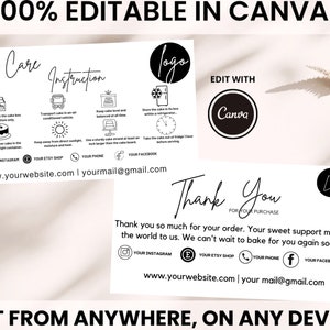 May include: Black and white printable thank you card for a bakery or cake shop. The card includes instructions for cake care, a thank you message, and social media icons. The text on the card reads "Cake Care Instruction", "Thank You", "Edit With Canva", "Edit From Anywhere, On Any Device!" and "www.yourwebsite.com | yourmail@gmail.com".