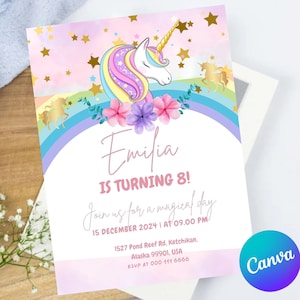 Unicorn Rainbow Girl’s Birthday Party Digital Invitation Template, Printable Digital Woman Electronic Party Card, Editable card, Digital