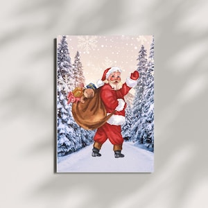 Santa Claus Reindeer Wall Art Print, Forest Snowfall in Winter Printable Christmas Home Decor, Holiday Home Improvement, Digital Download
