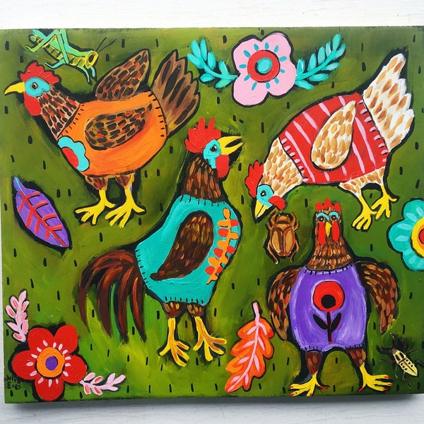 Ready to Hang Chicken Folk Art Painting