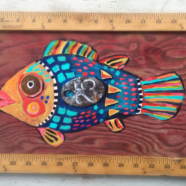 Folk Art Framed Fish Painting on Reclaimed Wood