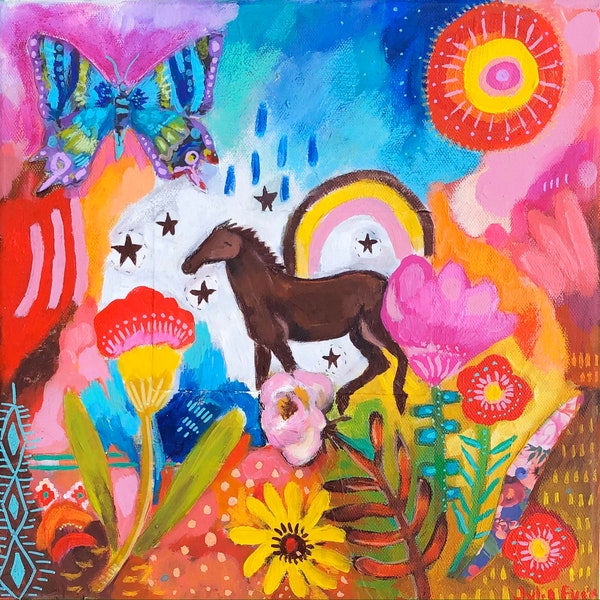 Folk Art Horse Painting on Canvas