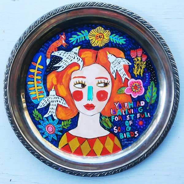 Folk Art Potrait On Recycle Vintage Tray
