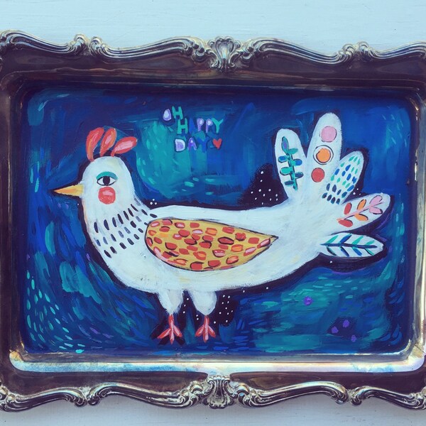 Folk Art Bird Painting on Recycled Tray
