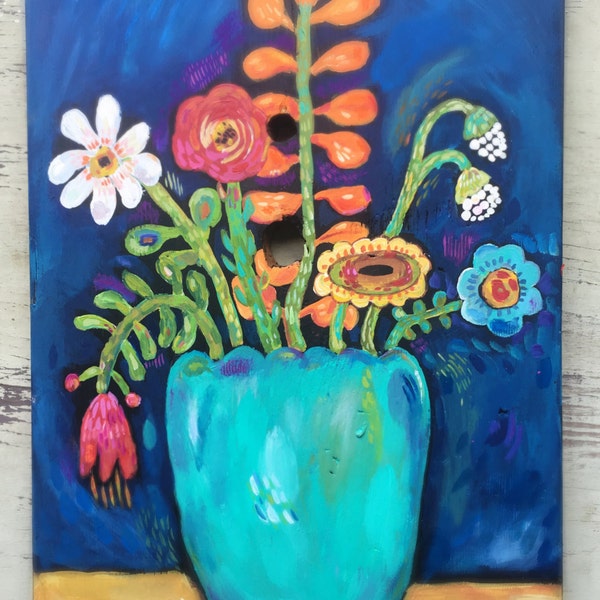 Folk Art Floral Painting on Reclaimed Wood