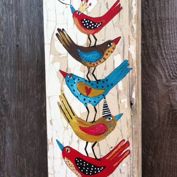 Hello Birds Shabby Chic Painting on Flakey Wood