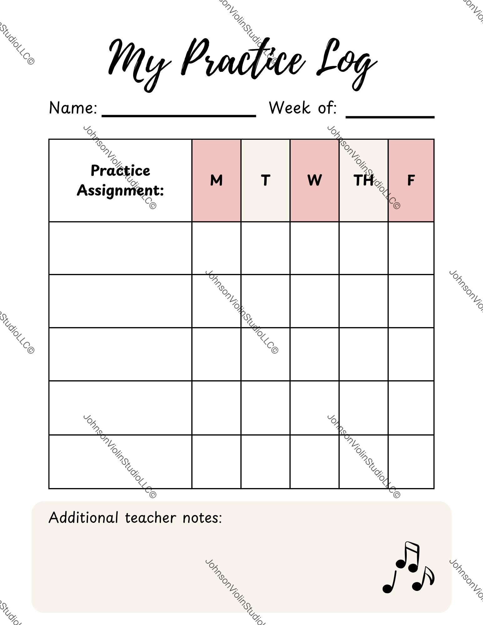 Practice Log for Music Students V1 (digital Download) - Etsy