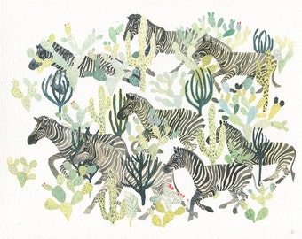 Zebra Herd and Cactus - Larger Archival print