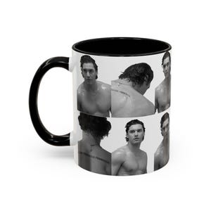 May include: A white ceramic coffee mug with a black interior and handle. The mug features a collage of black and white images of a person. The images are arranged around the mug's exterior.