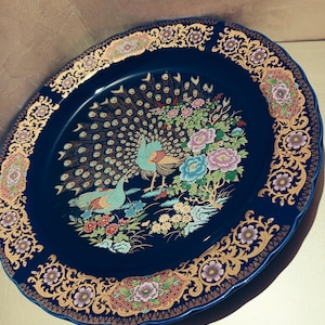 Antique Moroccan Peacock Plate – Hand-Painted Ceramic from 1980, Collectible Wall Art