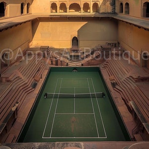 May include: A green tennis court inside a large, open-air courtyard with stone walls and steps. The court is surrounded by stone steps and a stone wall.