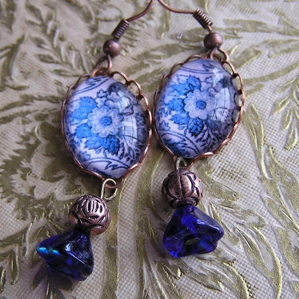 Flow Blue Victorian Style  Earrings