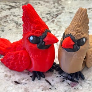 May include: Two decorative bird figurines. One is bright red with black accents and a red beak. The other is tan with black accents and a red beak. Both have large eyes and are perched on small black feet. The figurines are on a speckled surface.