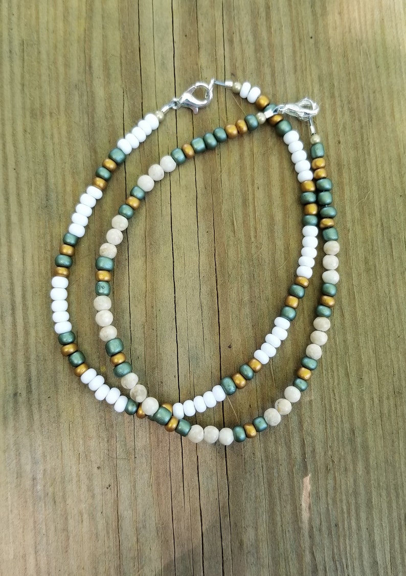 Green and Gold Seed Bead Anklet #12 White
