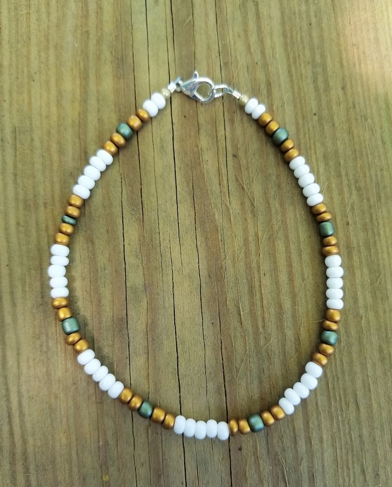 Green and Gold Seed Bead Anklet #12 White