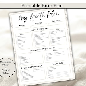 Printable Birth Plan for Labor & Delivery, Visual Birth Preferences, C-Section + Postpartum Plan, Birth Plan Template Download Handout Doula