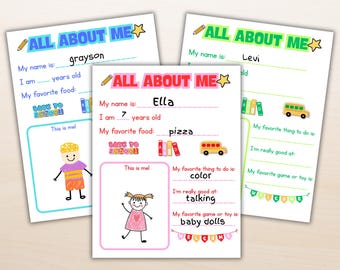 May include: Three colorful "All About Me" printable worksheets. Each sheet has fill-in-the-blank sections for name, age, favorite food, and more. Includes drawings of a school bus, books, and a child.