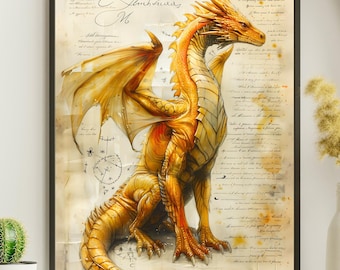 Gold Dragon Watercolor Drawing Vertical Poster Fantasy Art Print Large Dragon Vintage-style Painting Dragon Wall Decor Dragon Scroll
