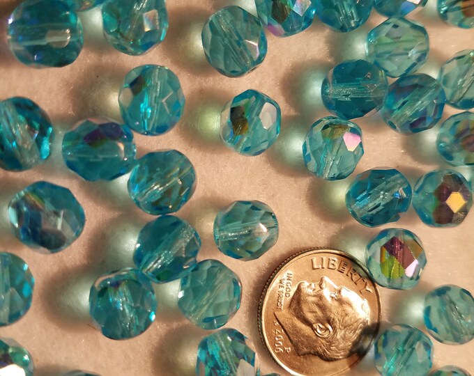 50 8mm Aqua AB Blue Faceted Czech Glass Firepolish Beads
