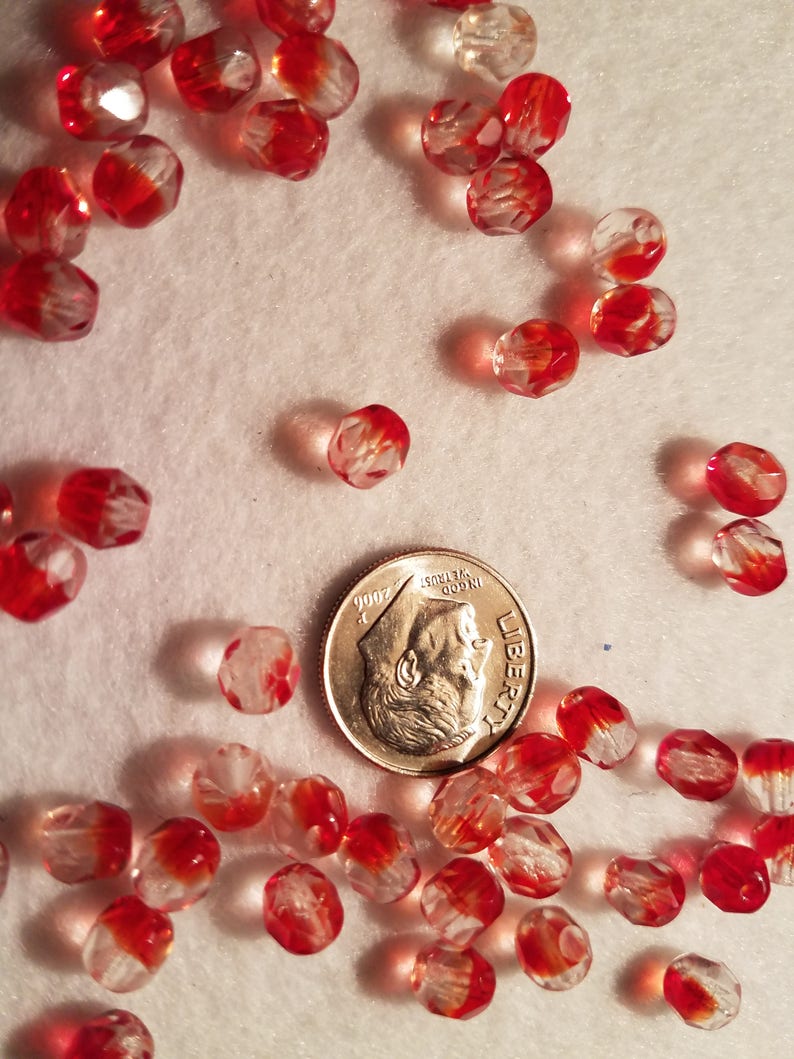 50 6mm Red Clear Mix Czech Glass Faceted Firepolish Beads