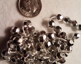 50 6mm Silver Metallic Opaque Czech Glass Faceted Firepolish Beads