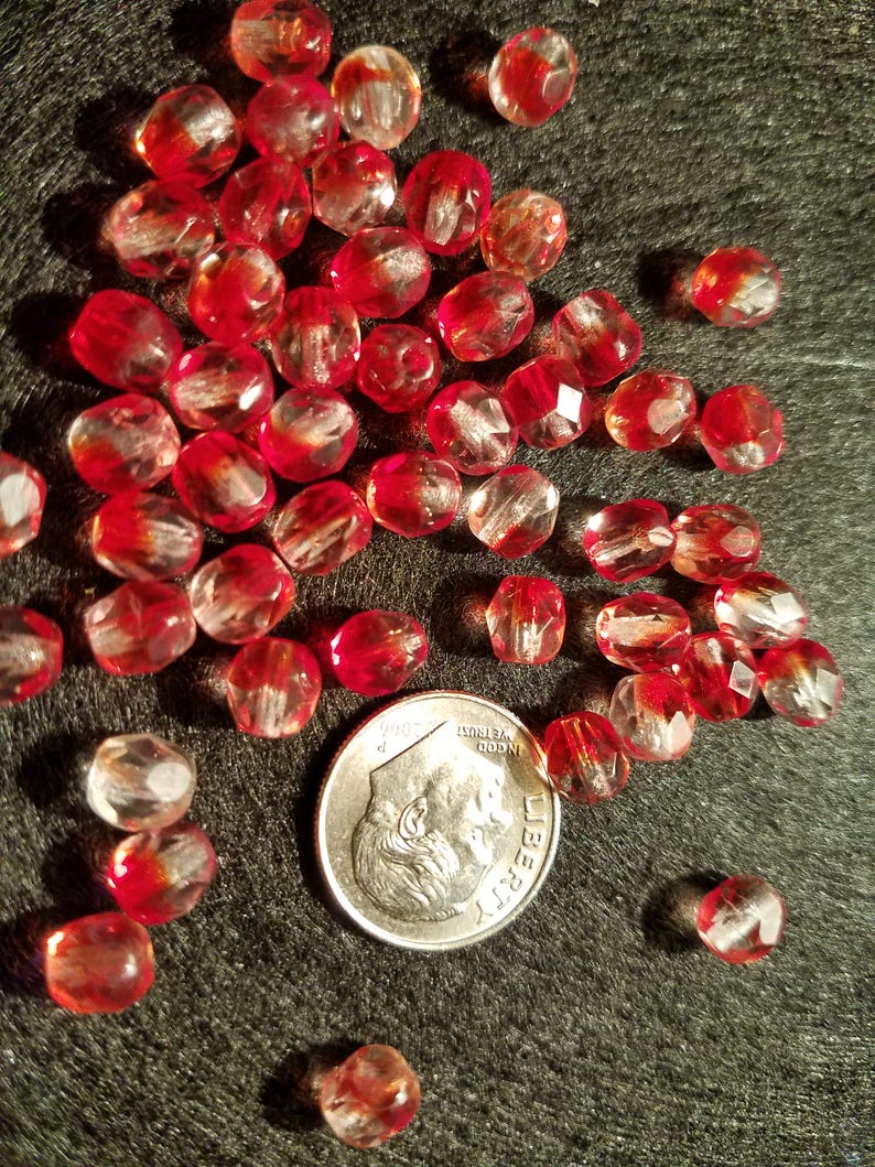 50 6mm Red Clear Mix Czech Glass Faceted Firepolish Beads
