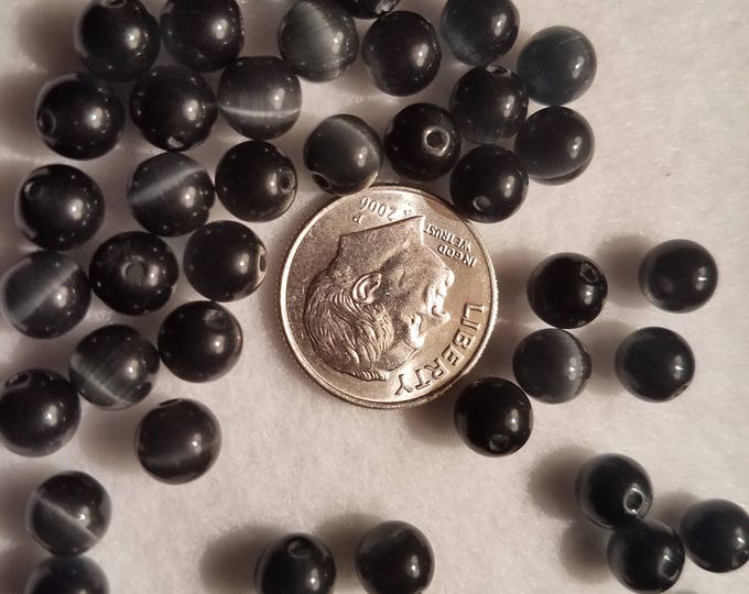 50 6mm AA Grade Black Cat's Eye Fiber Optic Round Beads
