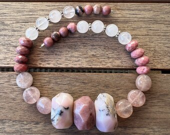 Pink Peruvian Opal Gemstone Beads Assorted Mix Strand / Rose Quartz / Rhodonite / Muscovite