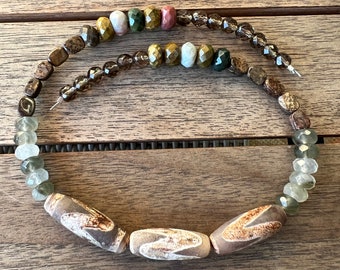 Tibetan Tube Barrel Beads and Gemstone Assorted Mix Strand / Moonstone / Bronzite / Quartz / Jasper