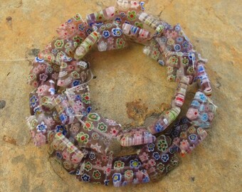 Millefiori Purple Glass Square Flower Beads Strand