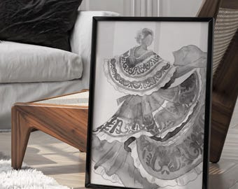 Impresión de póster de acuarela de la pollera panameña - Arte mural latino
