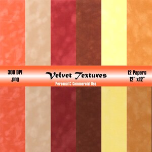 Peut inclure: Un ensemble de 12 papiers numériques présentant des textures de velours dans différentes nuances d'orange, de brun et de rouge. Les papiers ont une résolution de 300 DPI et mesurent 30,48 cm sur 30,48 cm. Ils sont destinés à un usage personnel et commercial.