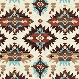 Puede incluir: Un patrón sin costuras con un diseño del suroeste que presenta formas geométricas marrones, rojas, azules y blancas. El patrón recuerda al arte y los textiles de los nativos americanos.