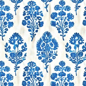 Blue Floral Block Print Fabric Drapery Interior French Blue Patterned Fabric for Curtain Pillow Sewing Accent Home Decor Living Room Bedroom