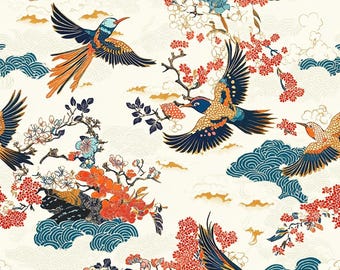 Tela japonesa. Tela de pájaros japoneses de colores