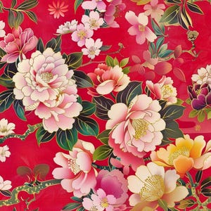 Japanese satin fabric. Red Peony & Cherry Blossom Fabric – Elegant Asian Floral fabric by the Yard,  Floral Print for clothing and craft.