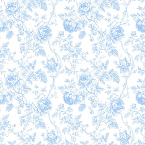 Flat digital swatch of a blue and white pastoral floral toile pattern with climbing roses.