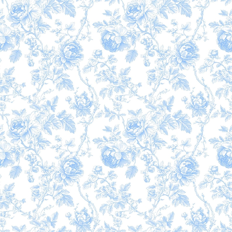Flat digital swatch of a blue and white pastoral floral toile pattern with climbing roses.